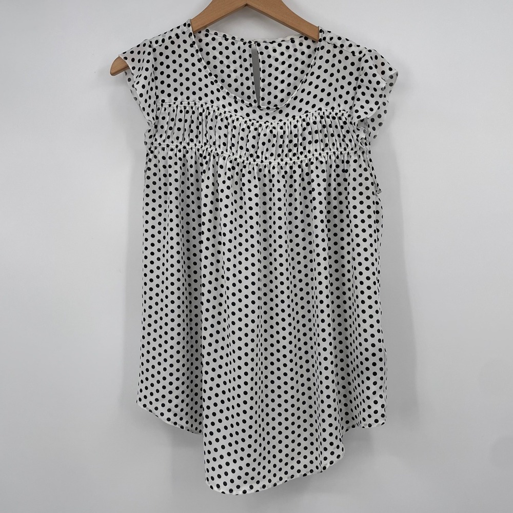 Sleeveless Polka Dot Blouse Black White Smocked Yoke Top RN 103715